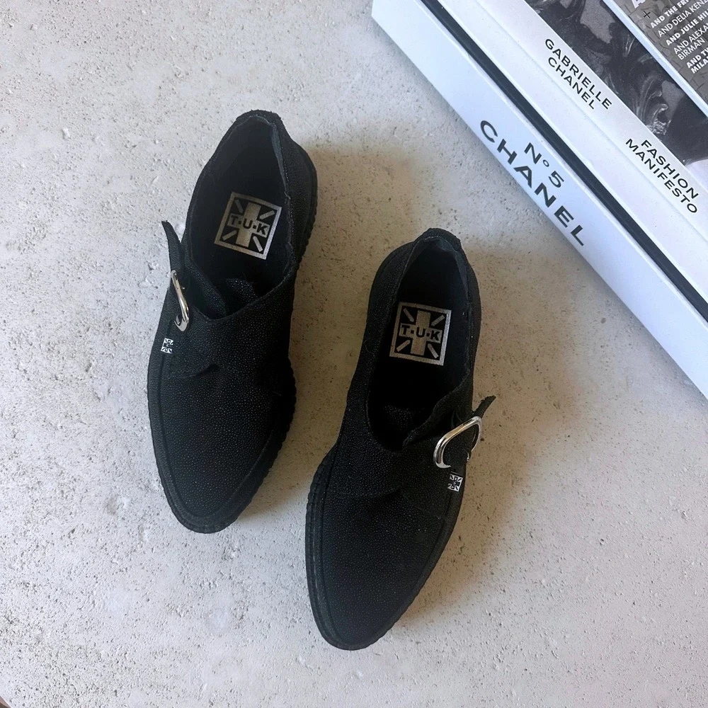 T.U.K Women's Black Monk Buckle Strap Creeper Leather Platform Loafers Size 5